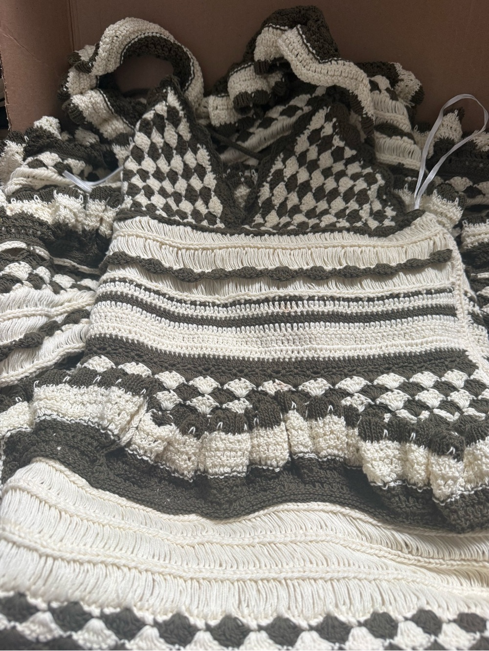 Women’s Crochet Stripe dress- Ivory & Dark Olive